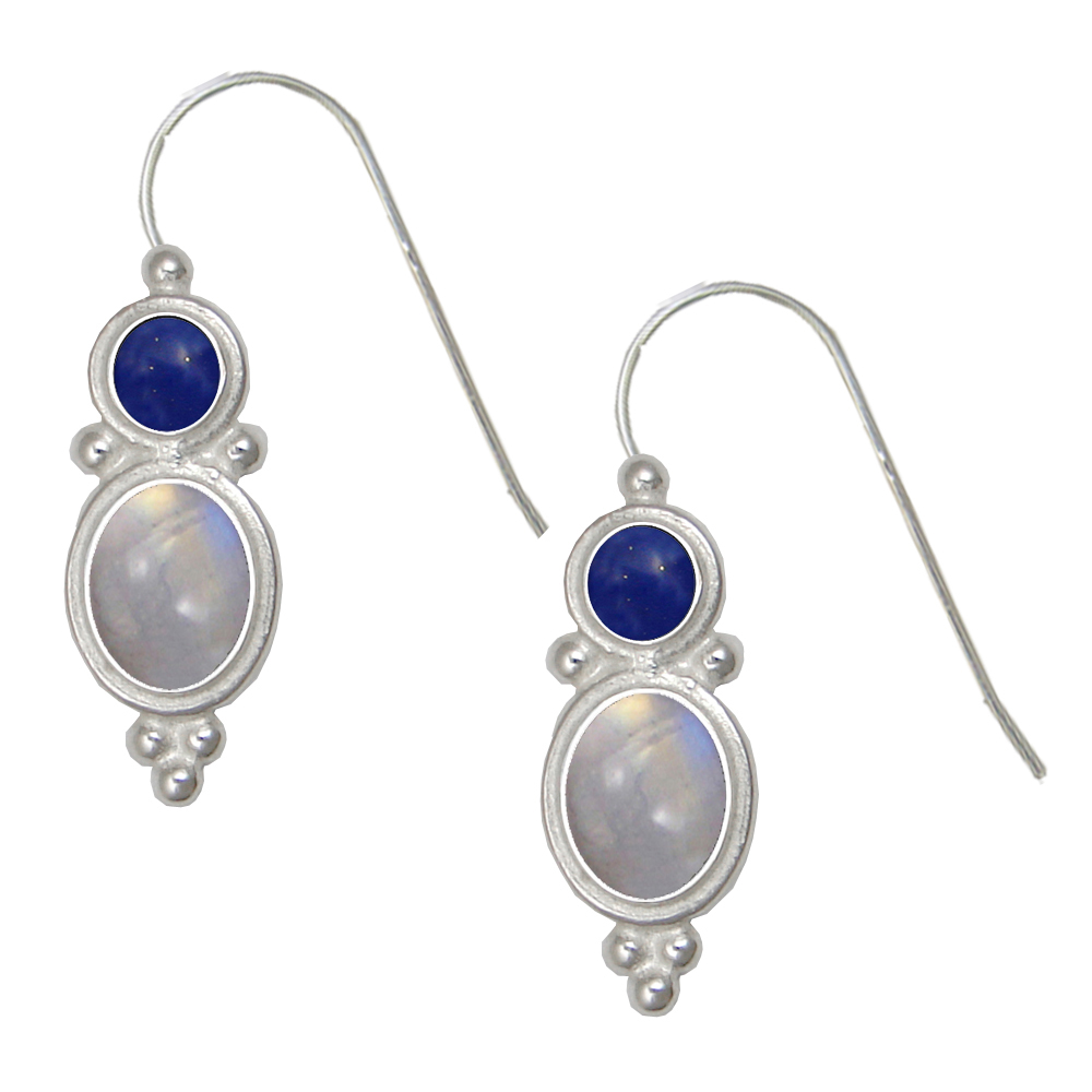 Sterling Silver Drop Dangle Earrings Rainbow Moonstone And Lapis Lazuli